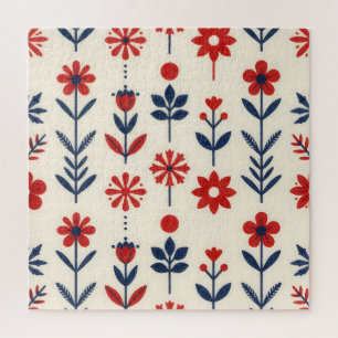 Red and Navy Folk Floral Pattern Jigsaw Puzzle