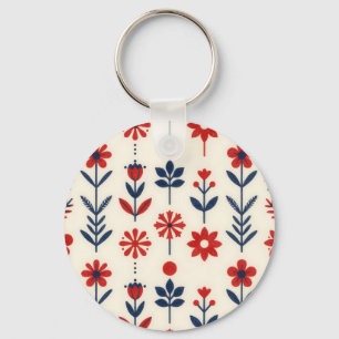 Red and Navy Folk Floral Pattern Key Ring