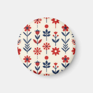 Red and Navy Folk Floral Pattern Magnet