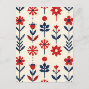 Red and Navy Folk Floral Pattern Postcard