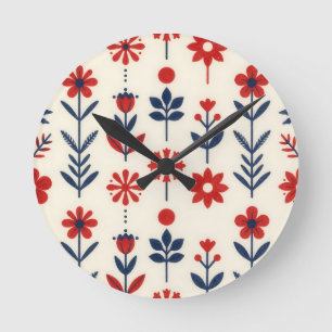 Red and Navy Folk Floral Pattern Round Clock