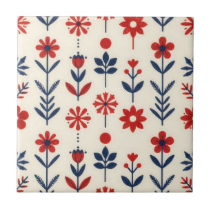 Red and Navy Folk Floral Pattern Tile