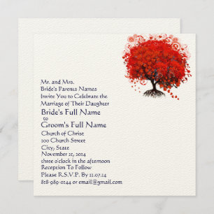 Red and Navy Heart Leaf Tree Wedding Invitations