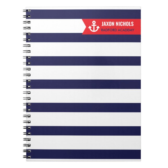Red and Navy Nautical Stripe Notebook (Front)