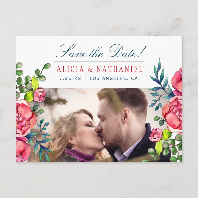 Red and Navy Peony Roses Save Date Wedding PHOTO Announcement Postcard (Front)