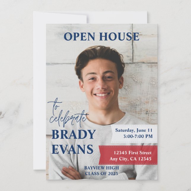 Red and Navy Photo Graduation Party Invitation (Front)