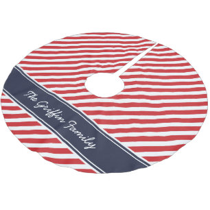 Red and Navy Preppy Stripes Monogram Brushed Polyester Tree Skirt