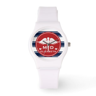 Red and Navy Stripe Caduceus MD Doctor Watch