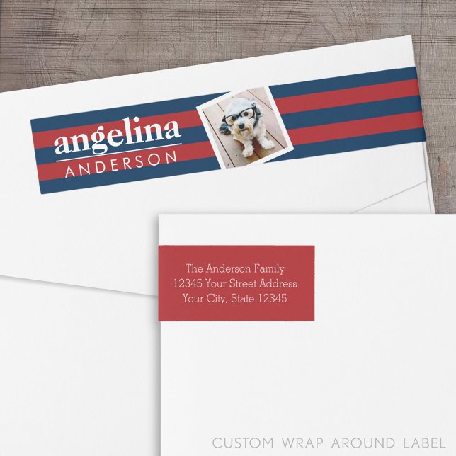 Red and Navy Striped Pattern Custom Name and Photo Wrap Around Label (Custom Return Address Label with a Wrap Around Feature)