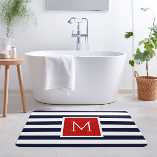 Red and Navy Stripes Monogram Bath Mat