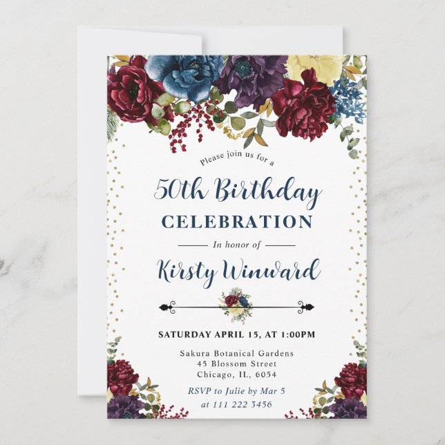 Red and Navy Winter Flowers 50th Birthday Invitation (Front)