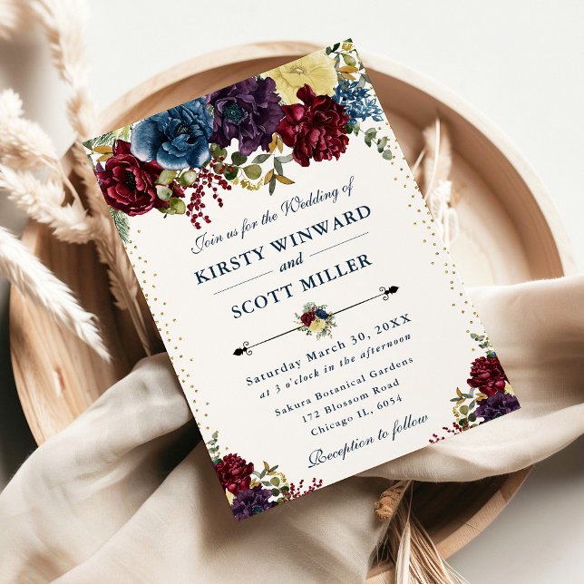 Red and Navy Winter Flowers Wedding Invitation (Creator Uploaded)