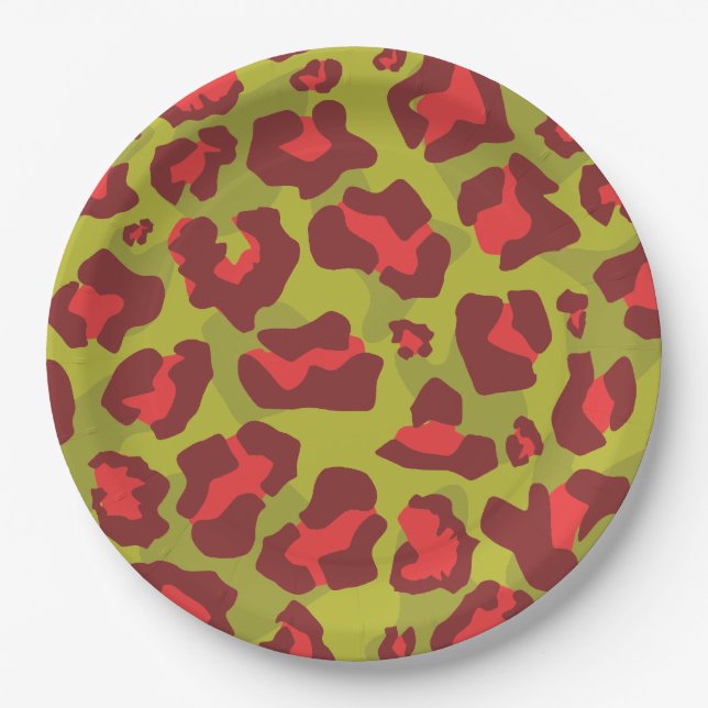 Red and olive green leopard animal print paper plate (Front)