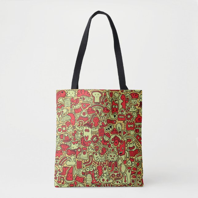 Red and Orange Alien & Monster Doodle Art Tote Bag (Front)