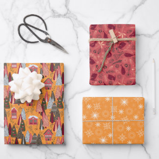 Red and Orange Christmas Forest Village Wrapping Paper Sheet