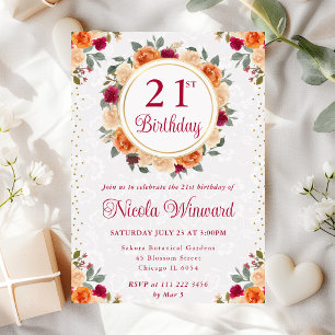 Red and Orange Fall Flowers Wreath Birthday Invitation