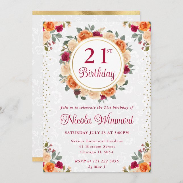 Red and Orange Fall Flowers Wreath Birthday Invitation (Front/Back)