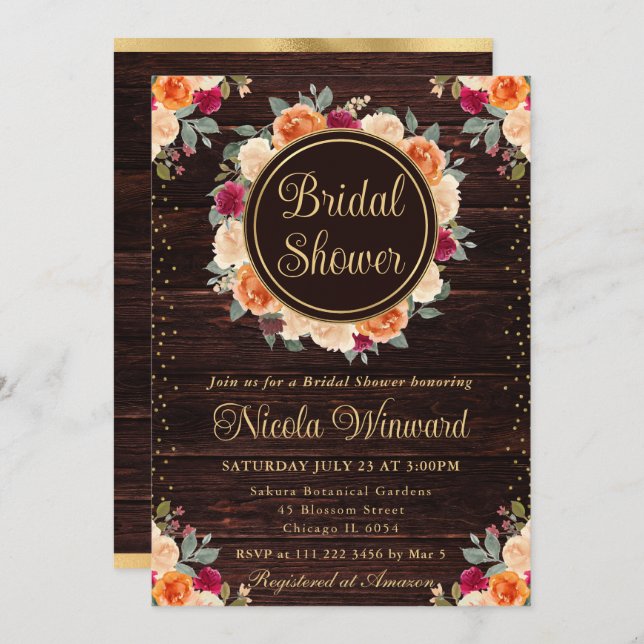 Red and Orange Fall Flowers Wreath Bridal Shower Invitation (Front/Back)