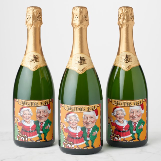 Red and Orange Festive Caricature Design with Chri Sparkling Wine Label (Bottles)