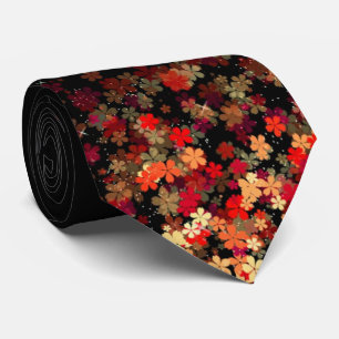 Red and Orange Floral Cluster Men's Black Tie