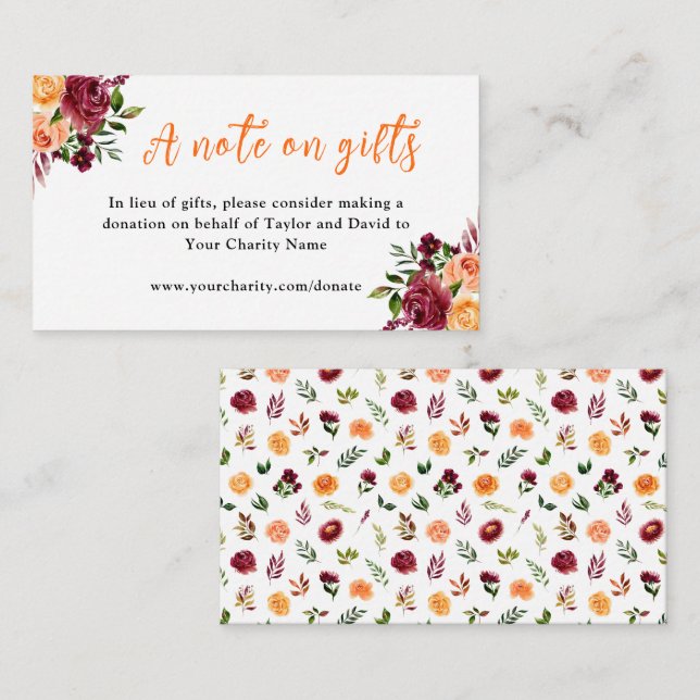 Red and Orange Flowers Wedding A Note On Gifts Enclosure Card (Front/Back)