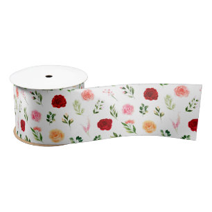 Red and Orange Flowers with Foliage Pattern Satin Ribbon