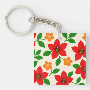 Red and Orange Flowers with Green Leaves Key Ring