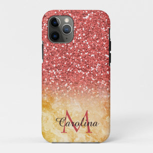 Red and Orange Glitter,  Gold Marble, Personalised iPhone 11 Pro Case
