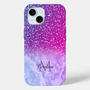Red and Orange Glitter, Gold Marble, Personalised iPhone 15 Case