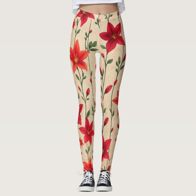 Red and Orange Lily Floral Pattern Leggings (Front)
