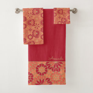 Red and orange pattern bath towel set