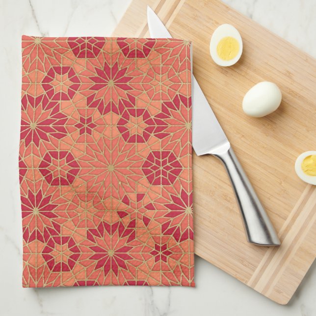 Red and orange pattern tea towel (Quarter Fold)