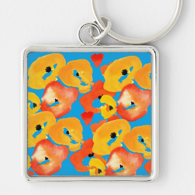Red and orange poppies floral art key ring (Front)