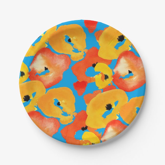 Red and orange poppies floral art paper plate (Front)