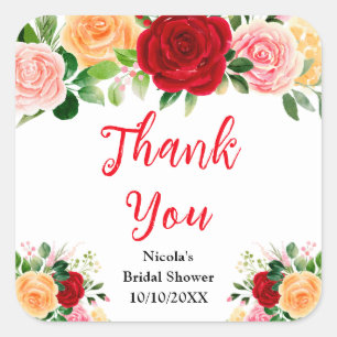 Red and Orange Roses Bridal Shower Thank You Square Sticker