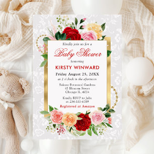 Red and Orange Roses Flowers Gold Baby Shower Invitation
