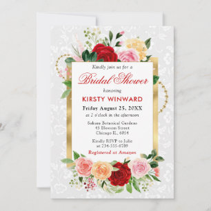 Red and Orange Roses Flowers Gold Bridal Shower Invitation