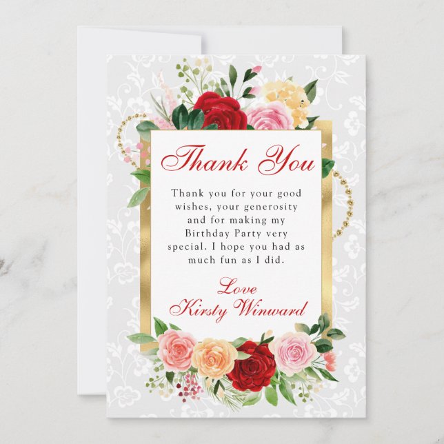 Red and Orange Roses Flowers Gold Foil Birthday Thank You Card (Front)