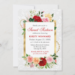 Red and Orange Roses Flowers Gold Foil Sweet 16 Invitation