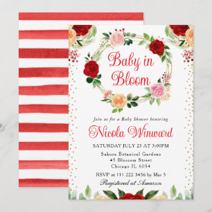Red and Orange Roses Flowers Wreath Baby Shower Invitation