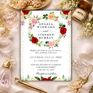 Red and Orange Roses Flowers Wreath Wedding Invitation