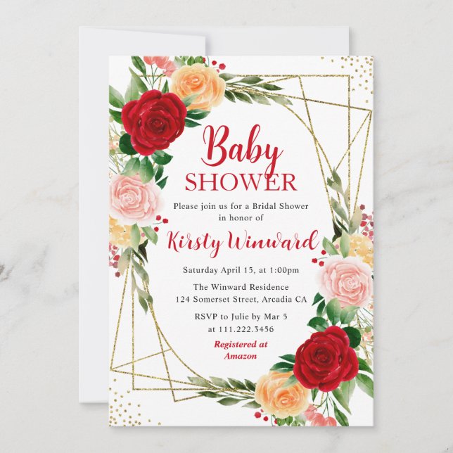 Red and orange Roses & Gold Frame Baby Shower Invitation (Front)