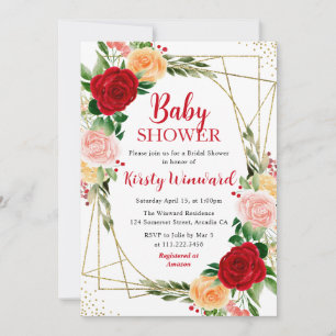 Red and orange Roses & Gold Frame Baby Shower Invitation