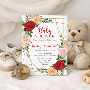 Red and orange Roses & Gold Frame Baby Shower Invitation