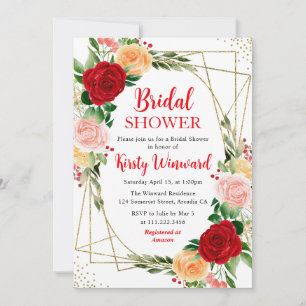 Red and Orange Roses & Gold Frame Bridal Shower Invitation