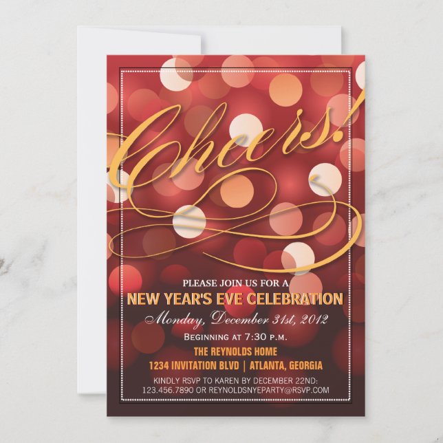 Red and Orange Shining Lights New Years Eve Party Invitation (Front)
