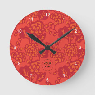 Red and Orange Vibrant and Bold Floral Pattern Round Clock