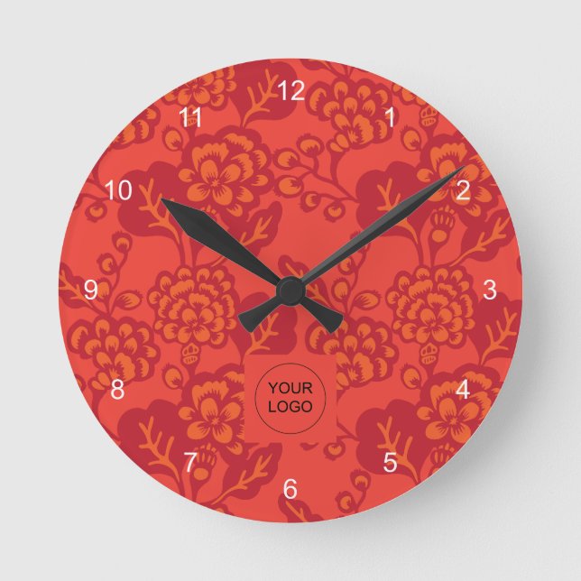 Red and Orange Vibrant and Bold Floral Pattern Round Clock (Front)