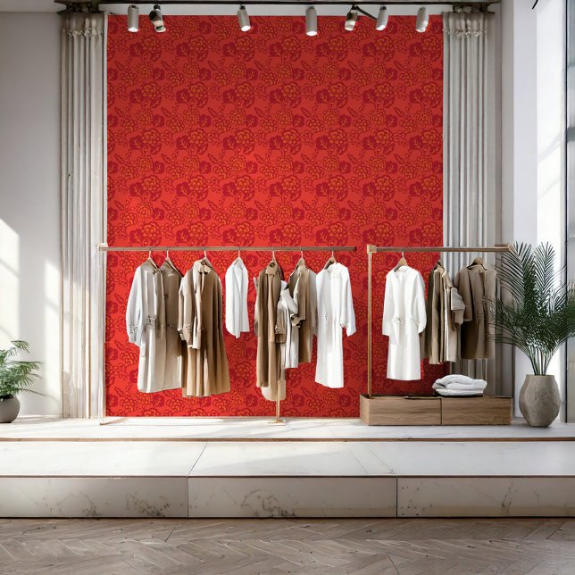 Red and Orange Vibrant and Bold Floral Pattern Wallpaper (A business that thrives on bold and vibrant design, with a signature touch of floral patterns.)