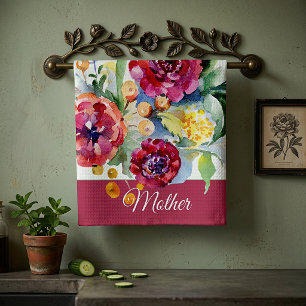 Red and orange watercolor floral customisable tea towel